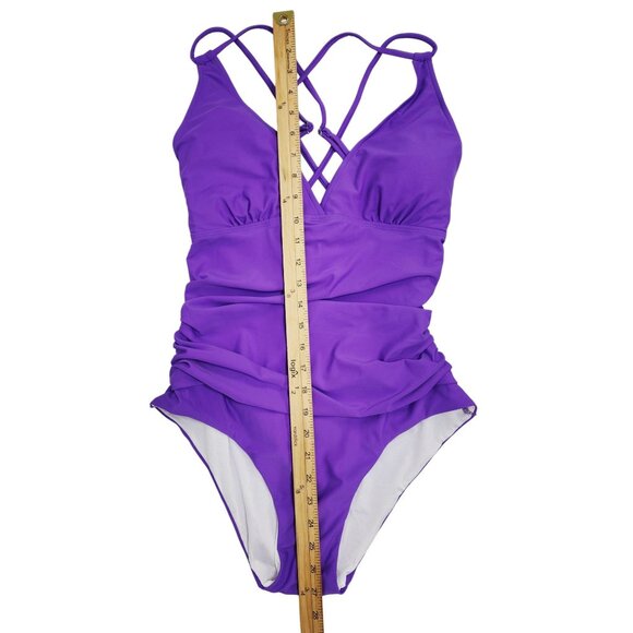 Purple One-Piece Swimsuit Cross Strap Detailing Adjustable Ties All Sure SZ L - Picture 7 of 8